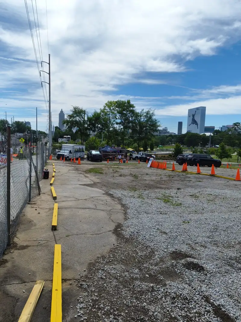 Grand Slam Parking lot with downtown Atlanta skyline in the background